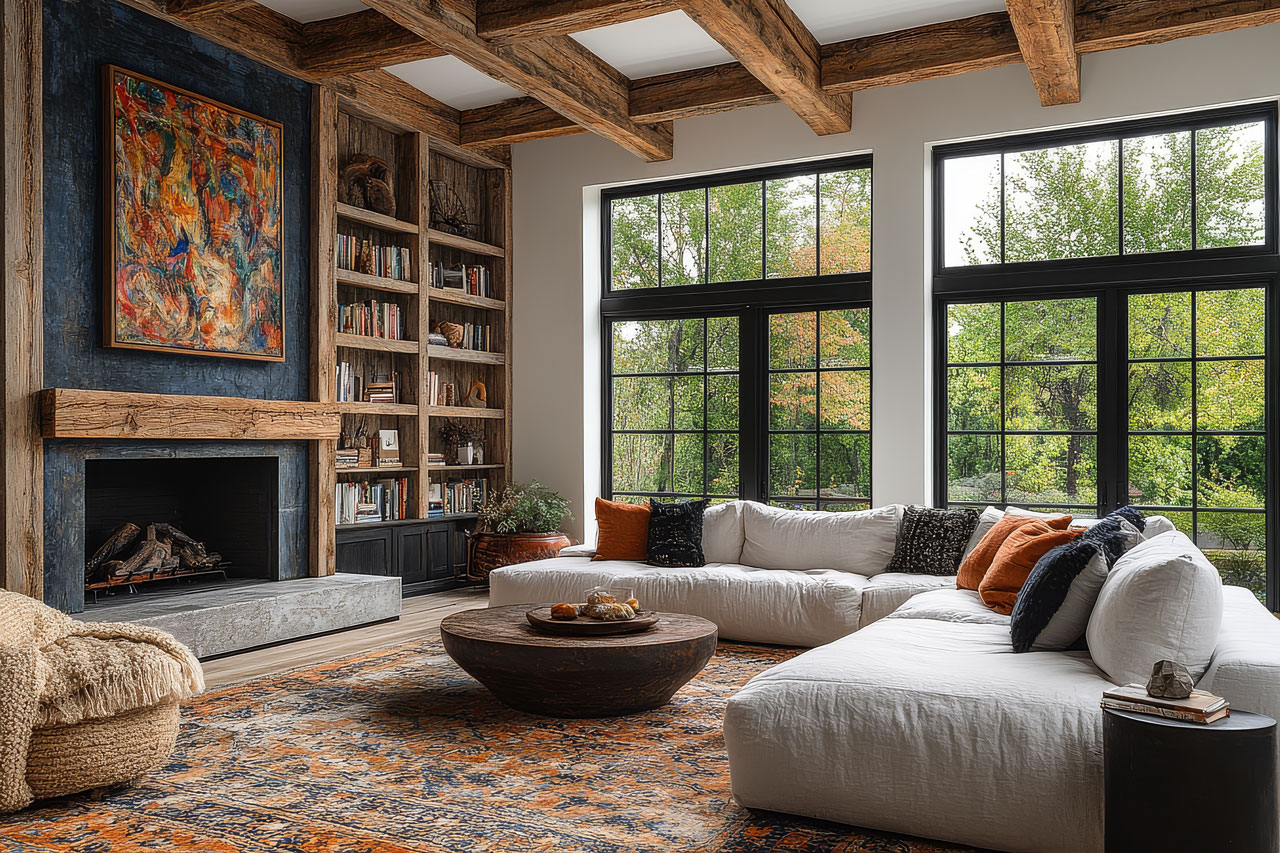 A well-cared-for living room with a fireplace, built-ins, and exposed ceiling beams.