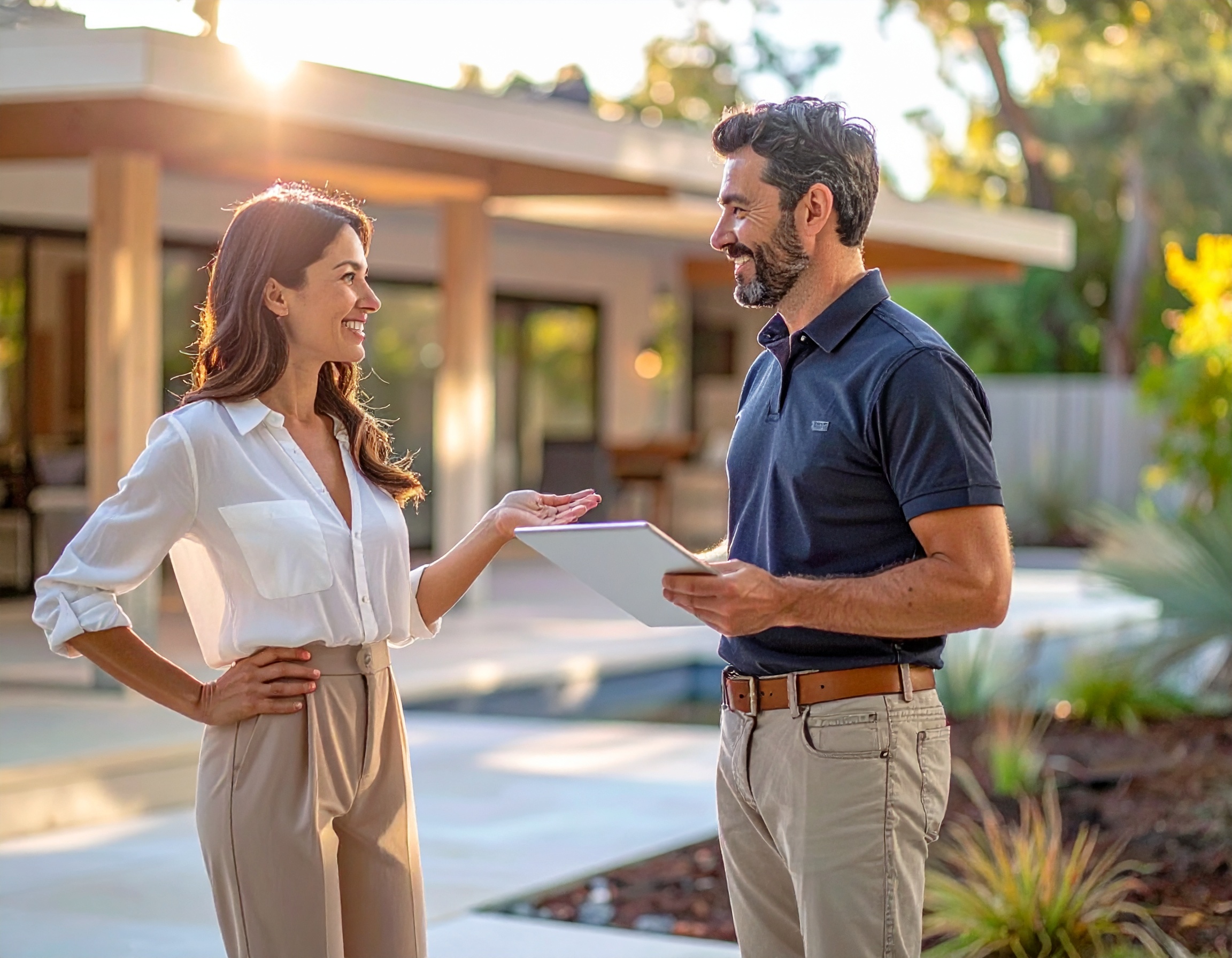 A homeowner reviewing the condition and priorities of her property with a Perch Crew professional.